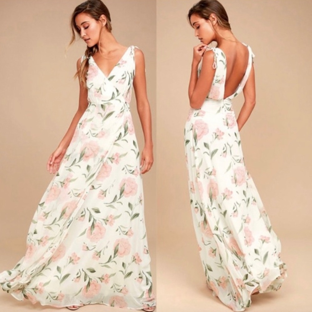 Lulu’s Romantic Possibilities White and Pink Floral Print Maxi Dress